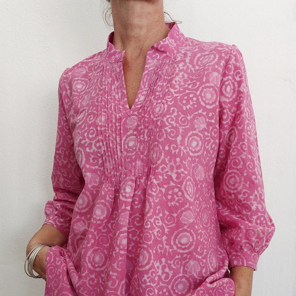 pleat shirt in cotton, pink block print