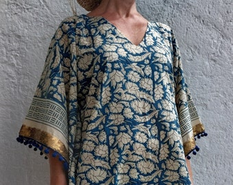 korte kaftan van zacht katoenen beige-blauw patroon