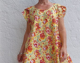 bias dress in cotton, yellow floral