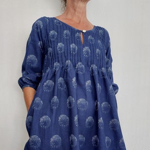 front pleated dress in cotton,navy blue color image 1