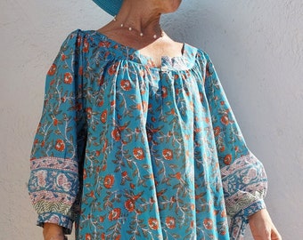 túnica de algodón suave con estampado floral turquesa