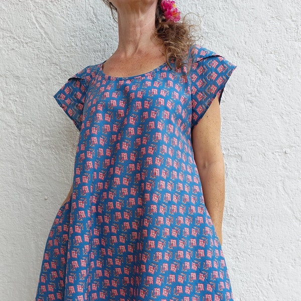 bias dress in cotton, pink-blue