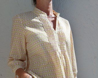 pleat shirt in cotton, yellow pattern