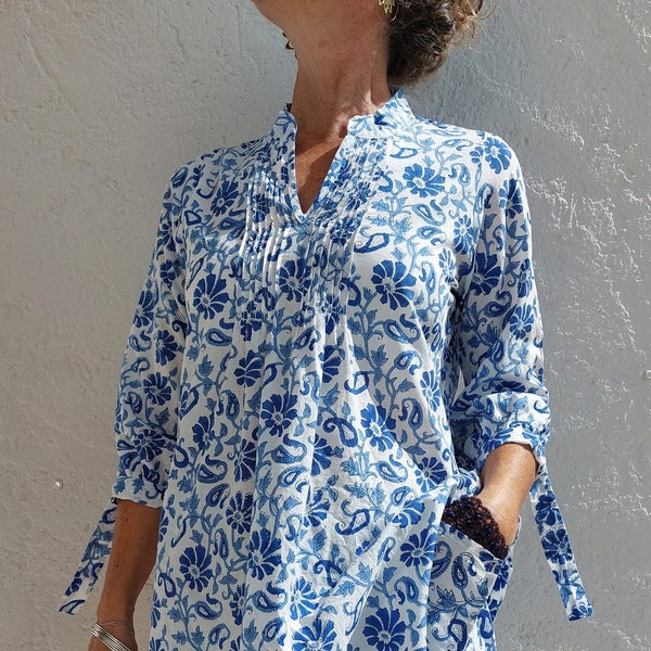 pleat shirt in cotton, blue handblock print