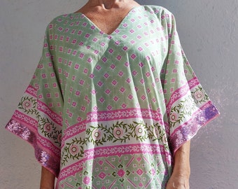 caftan in soft cotton pale green-pink