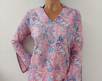 túnica rosa y azul kurta en algodón,