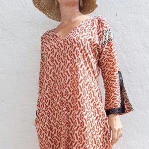 long kaftan dress in soft cotton, beige and rusty colors, made from a sarong, boheme chic summer outfit, black sequins lace finishing sleeves