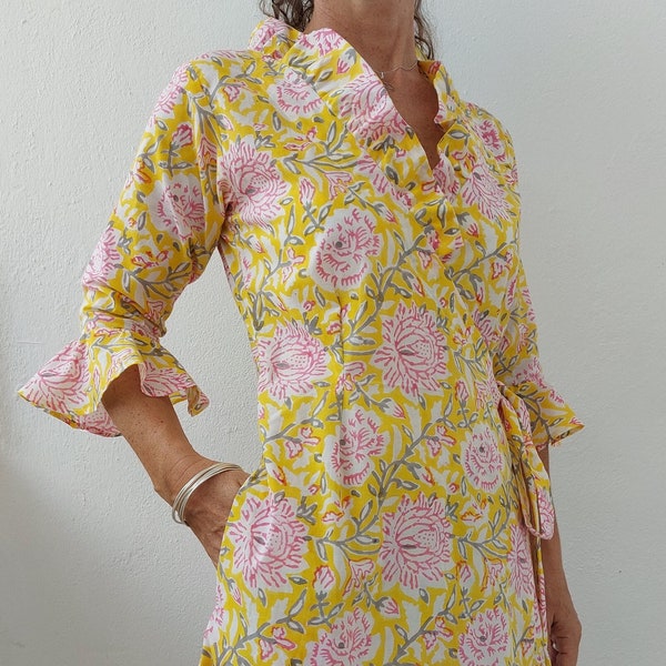 yellow wrap dress in cotton