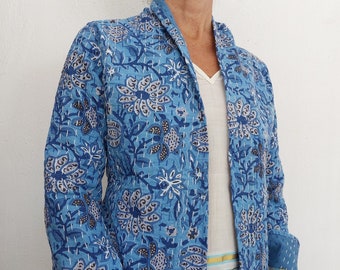 giacca kimono in cotone, fantasia floreale blu-grigio