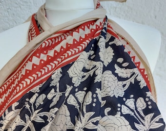 sarong in katoenen blokprint, beige-zwart-roestige kleuren