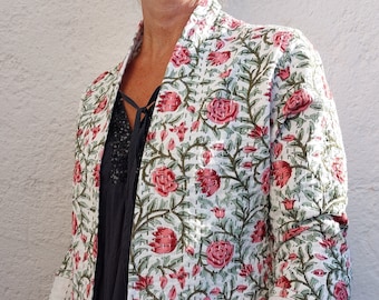 kimono jacket in cotton,kaki-pink floral pattern