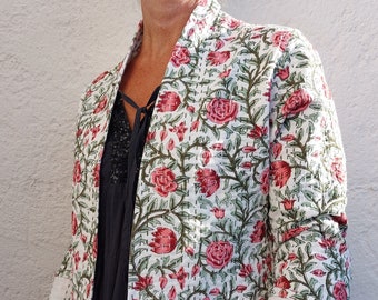kimono jacket in cotton,khaki-pink floral pattern