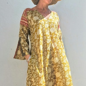 long kaftan in soft cotton, in the shades of mustard beige rusty colors, old gold sequins lace finishing on sleeves, boho chic summer outfit