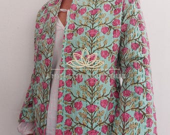 Water Green Roses Cotton Kimono Jacket, Floral Garland Print Bohemian Jacket, Hand Embroidery Detail, Flared Sleeve, Mid-Season Wear