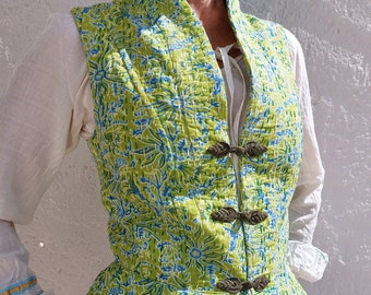 waistcoat in cotton, blue-green floral pattern