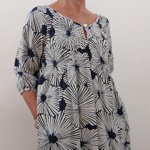 Midi-jurk/tuniek van katoen met waterlelieprint, marineblauw, 3/4 mouwen