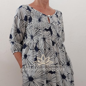 Water Lily Cotton Tunic Dress, Navy Blue Midi Dress, Bohemian Summer Outfit, Lightweight Cotton Dress with 3/4 Sleeves