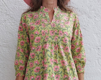pop-over shirt, green-pink flowers block printed cotton