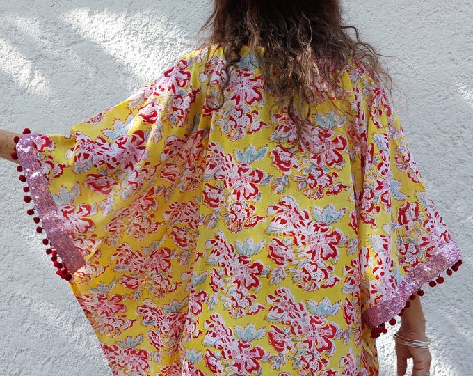 Yeloow Abstract Short Sleeve Kaftan