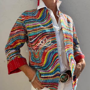 Rainbow Color Cotton Jacket, Kimono Style Bohemian Layer, Mid-Season Casual Jacket, Handmade Cotton Outerwear, Provence Handmade Fashion