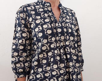 pop-over shirt, black floral pattern in cotton