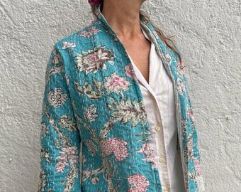 kimono jacket in cotton, floral turquoise pattern