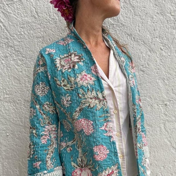 kimono jacket in cotton, floral turquoise pattern