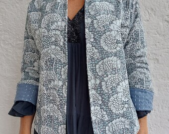 kimono jacket in cotton, grey trees pattern