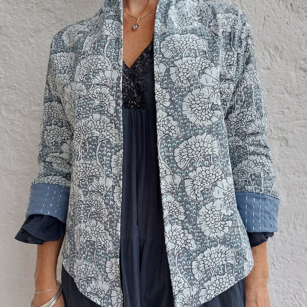 kimono jacket in cotton, grey trees pattern