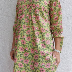 Hand Block Printed Cotton Popover Shirt – Green & Pink Floral Blouse, Front Pleated Boho Shirt, Hippie Chic Cotton Top, Limited Series image 5