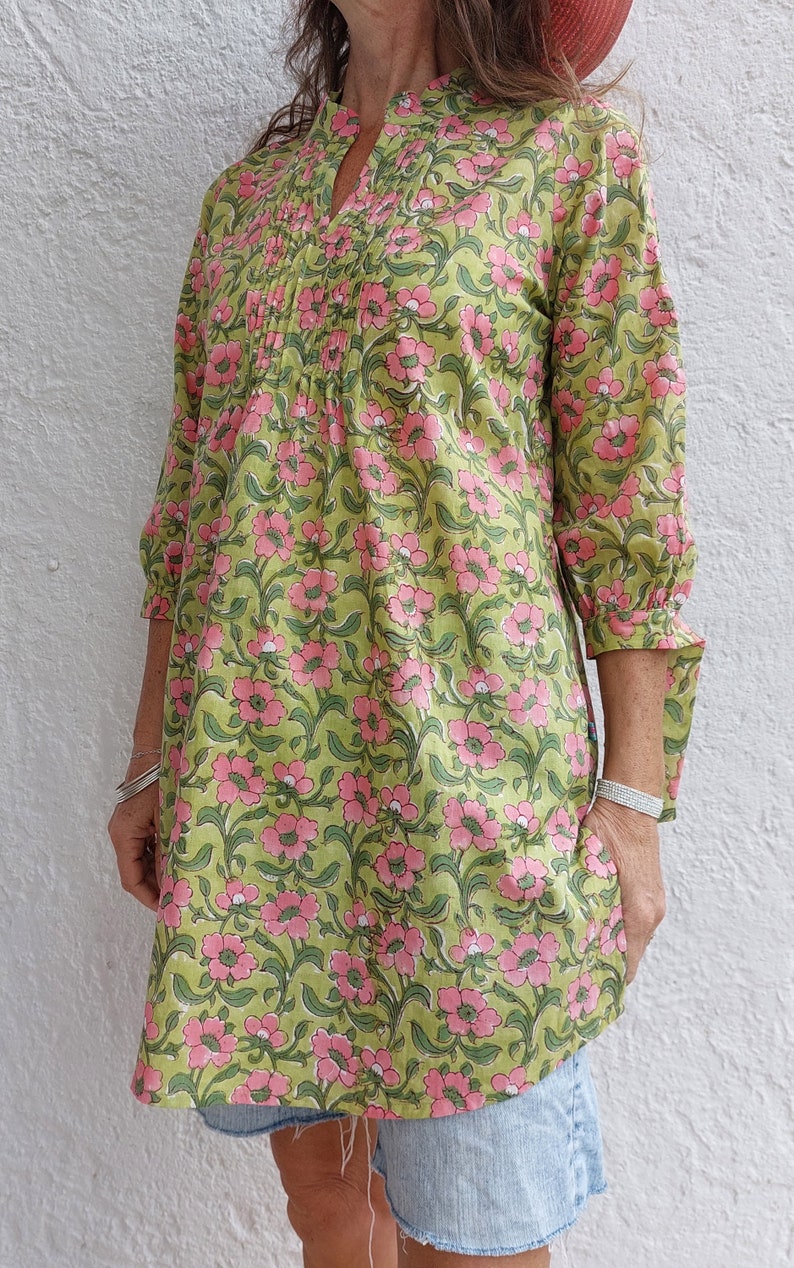 Hand Block Printed Cotton Popover Shirt – Green & Pink Floral Blouse, Front Pleated Boho Shirt, Hippie Chic Cotton Top, Limited Series image 5