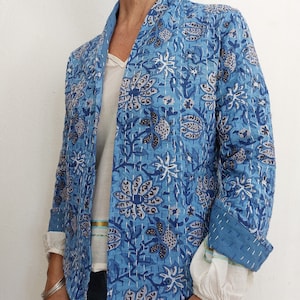 giacca kimono in cotone, fantasia floreale blu-grigio immagine 5