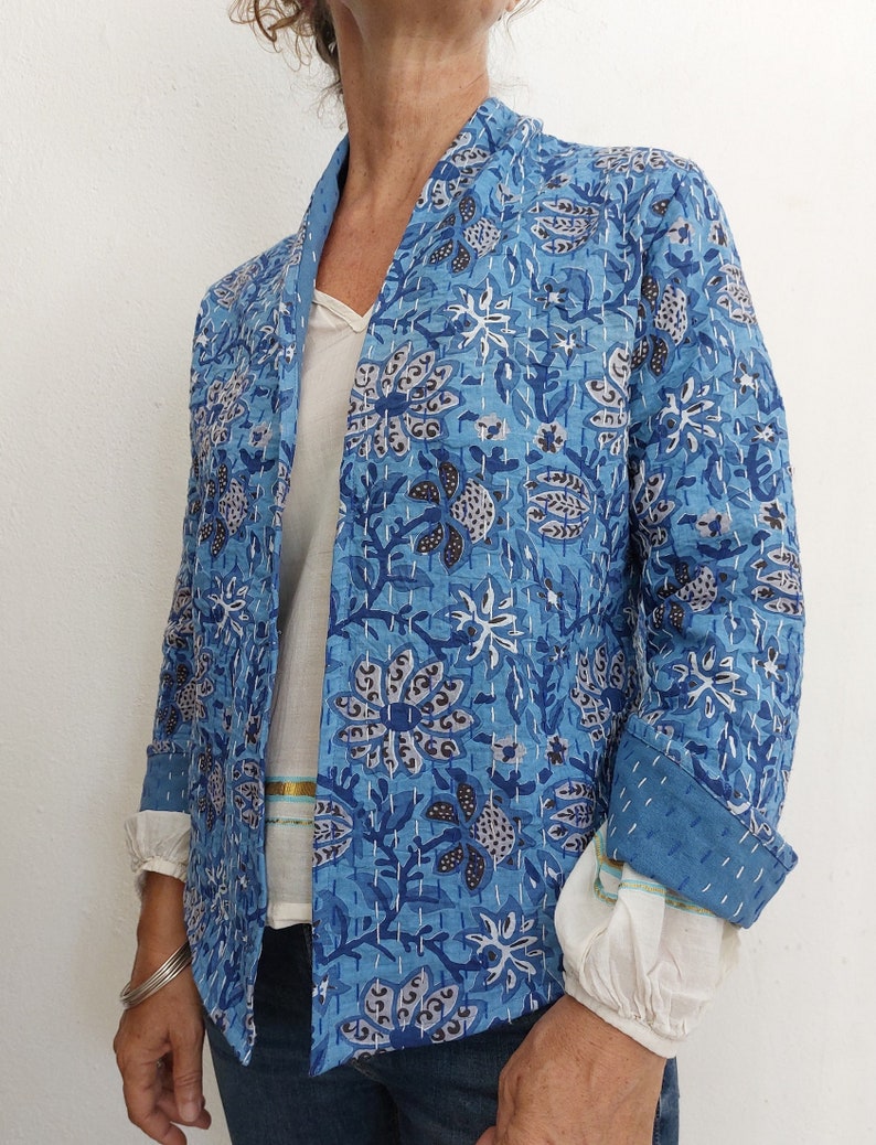 giacca kimono in cotone, fantasia floreale blu-grigio immagine 5