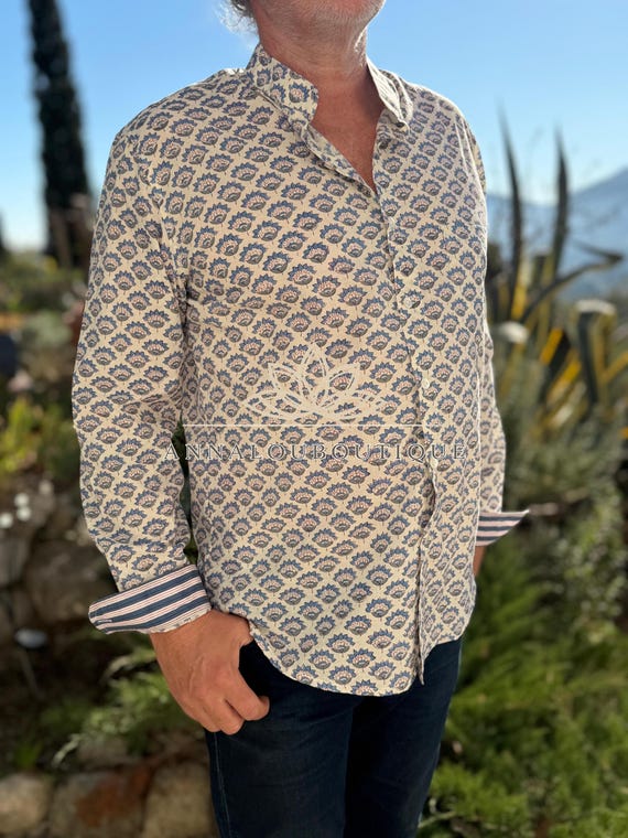 Hand Block Printed Men’s Cotton Shirt – Lotus Print Shirt, Long Sleeve Boho Shirt with Striped Collar & Cuffs, Shell Buttons, Limited Series