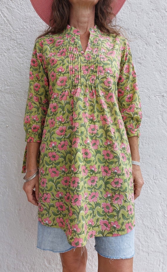 Hand Block Printed Cotton Popover Shirt – Green & Pink Floral Blouse, Front Pleated Boho Shirt, Hippie Chic Cotton Top, Limited Series
