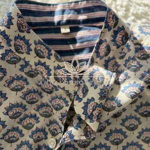 Hand Block Printed Men's Cotton Shirt – Lotus Print Shirt, Long Sleeve Boho Shirt with Striped Collar & Cuffs, Shell Buttons, Limited Series image 11