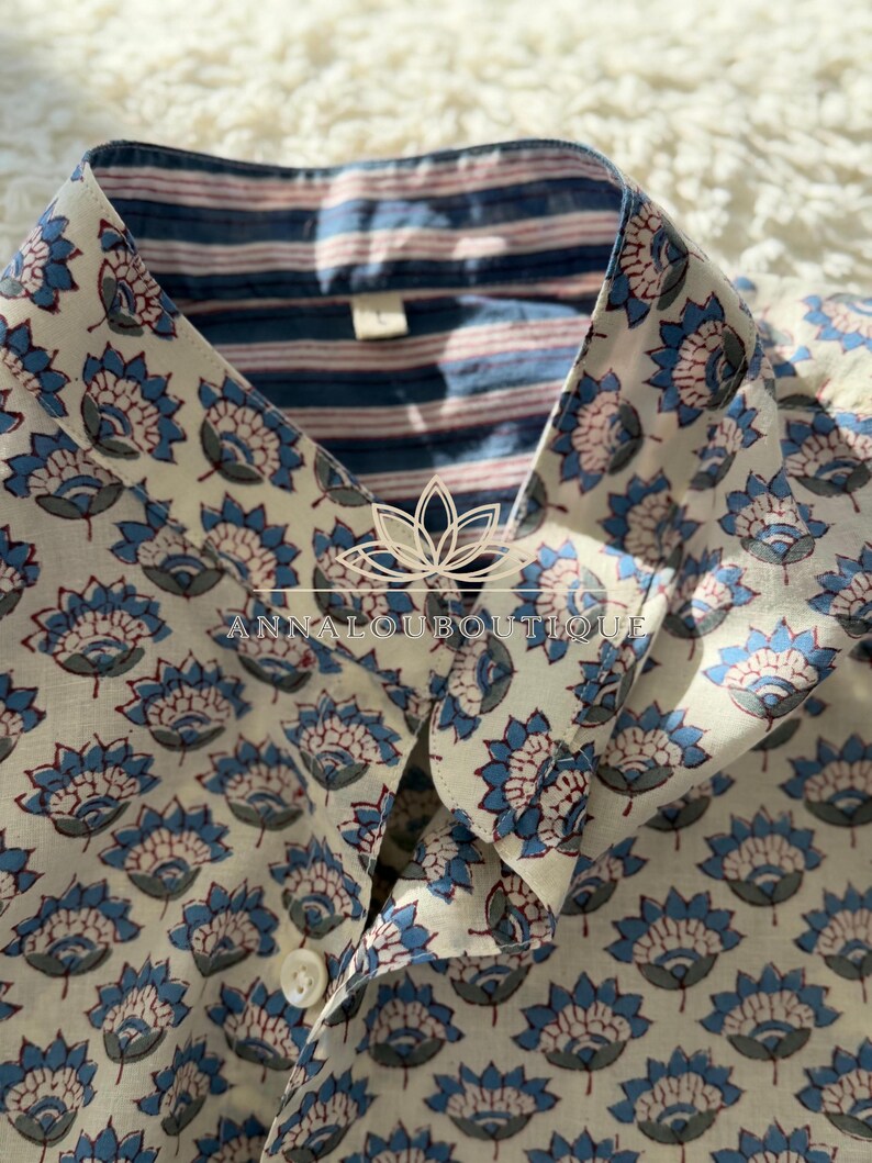 Hand Block Printed Men's Cotton Shirt – Lotus Print Shirt, Long Sleeve Boho Shirt with Striped Collar & Cuffs, Shell Buttons, Limited Series image 11