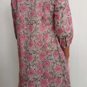 front pleated dress in cotton, pink floral block print image 3