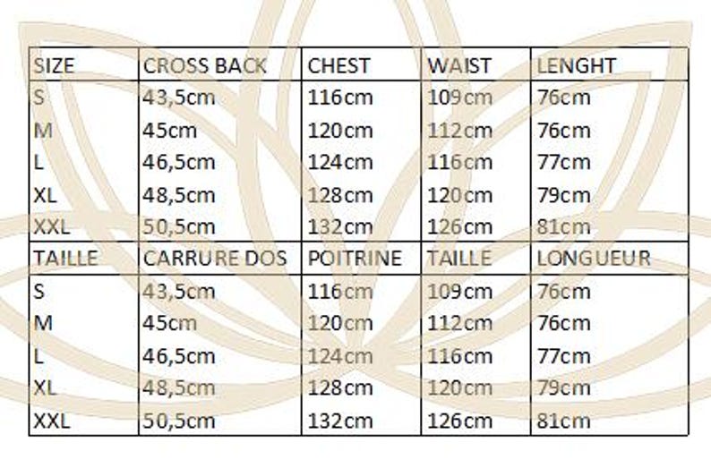 May include: A size chart table with black text on a white background, featuring two identical sections in English and French. It lists measurements in centimeters for sizes S, M, L, XL, and XXL, covering cross back, chest, waist, and length dimensions.