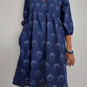 front pleated dress in cotton,navy blue color image 4