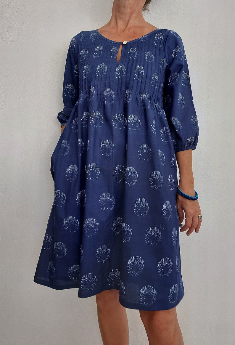 front pleated dress in cotton,navy blue color image 4