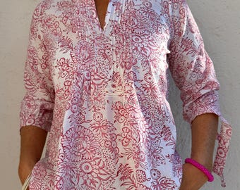 White & Pink Floral Cotton Blouse – Soft Cotton Shirt, Pleated Front Top, Mao Collar Blouse, Boho Chic Everyday Wear