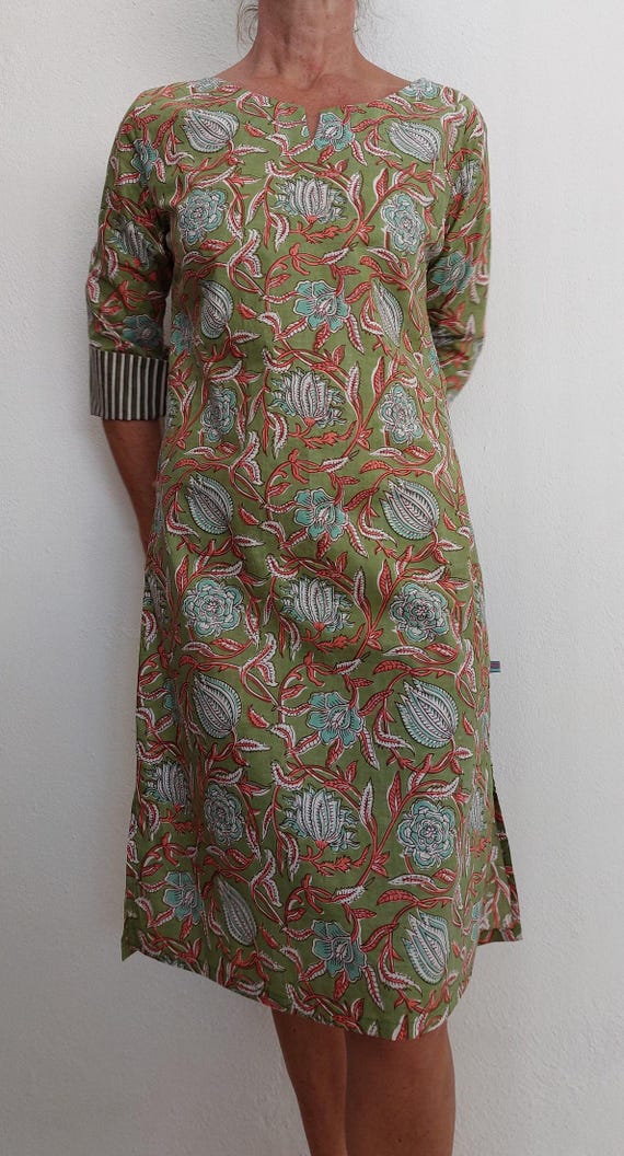 Tunic Dress in Cotton,green Floral and Stripes Printed Cotton Inside Cuffs  and Neckline,straight Shape,hippie Chic Outfit,summer Wear - Etsy Israel