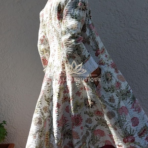 Boho Cotton Frock Coat – Off White Floral Jacket, Pink Hydrangea Print Coat, Hand Embroidered Chic Coat with Shell Buttons