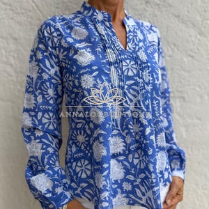 Blue Floral Cotton Shirt, Hand Block Printed Pleated Blouse, Long Sleeve Casual Top, Soft Cotton Bohemian Women’s Wear