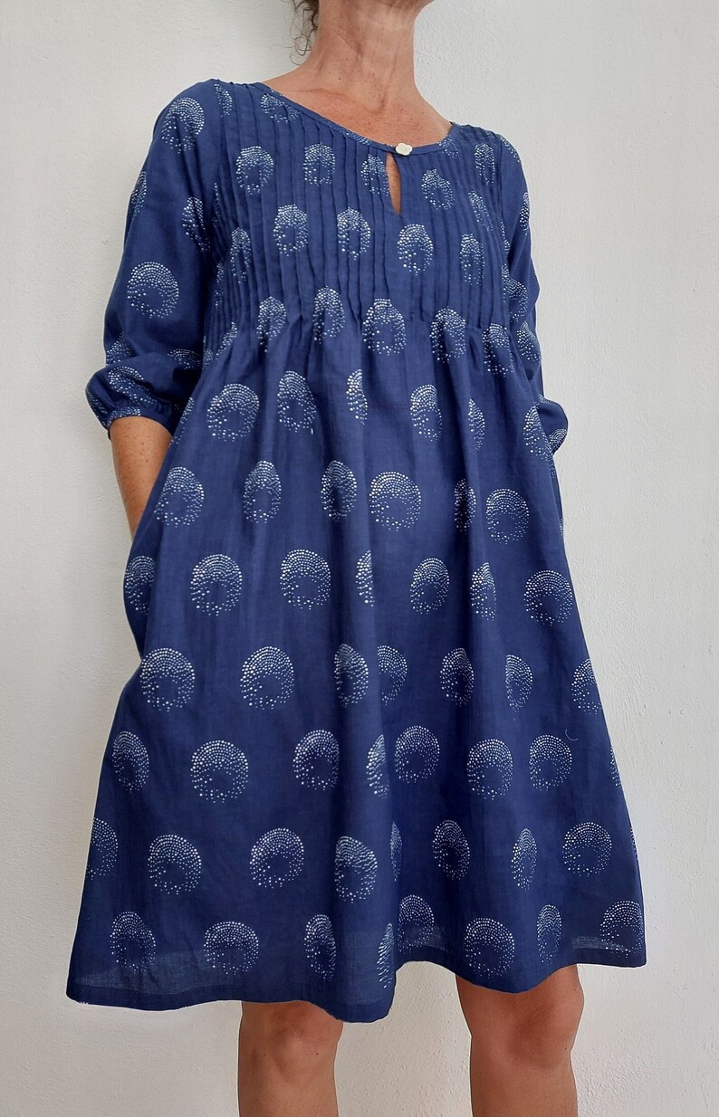 front pleated dress in cotton,navy blue color image 1