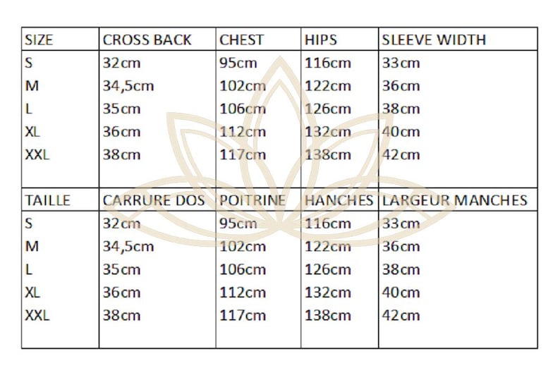 May include: A size chart table with black text on a white background, featuring two identical sections in English and French. It lists measurements in centimeters for sizes S, M, L, XL, and XXL, covering cross back, chest, hips, and sleeve width.