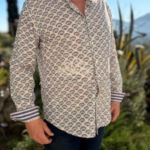 Hand Block Printed Men's Cotton Shirt – Lotus Print Shirt, Long Sleeve Boho Shirt with Striped Collar & Cuffs, Shell Buttons, Limited Series image 8