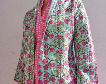 kimono jacket in cotton not quilted,roses garland pattern,water green color inside plain cotton,hand embroidery,flared sleeves