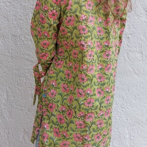 Hand Block Printed Cotton Popover Shirt – Green & Pink Floral Blouse, Front Pleated Boho Shirt, Hippie Chic Cotton Top, Limited Series image 3